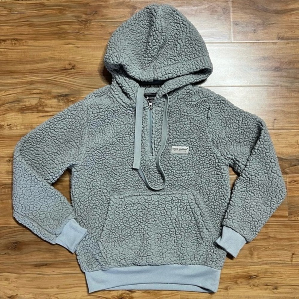 Simply Southern 1/4 Zip Hoodie Grey Teddy Bear Sherpa Womens Small Warm Soft‎